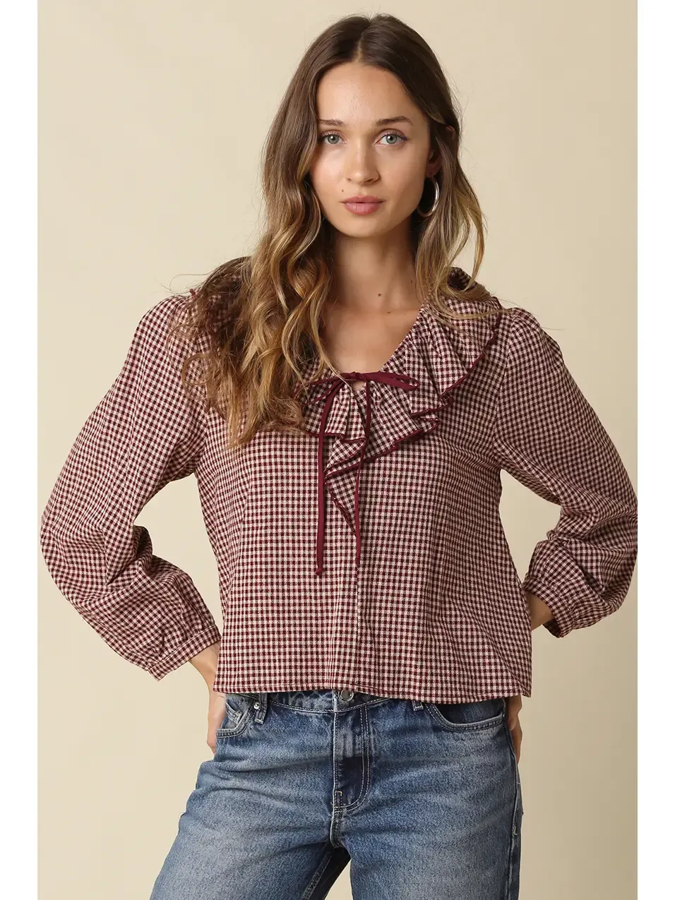 Top - Alexa Gingham Ruffle Blouse - Burgundy -Large