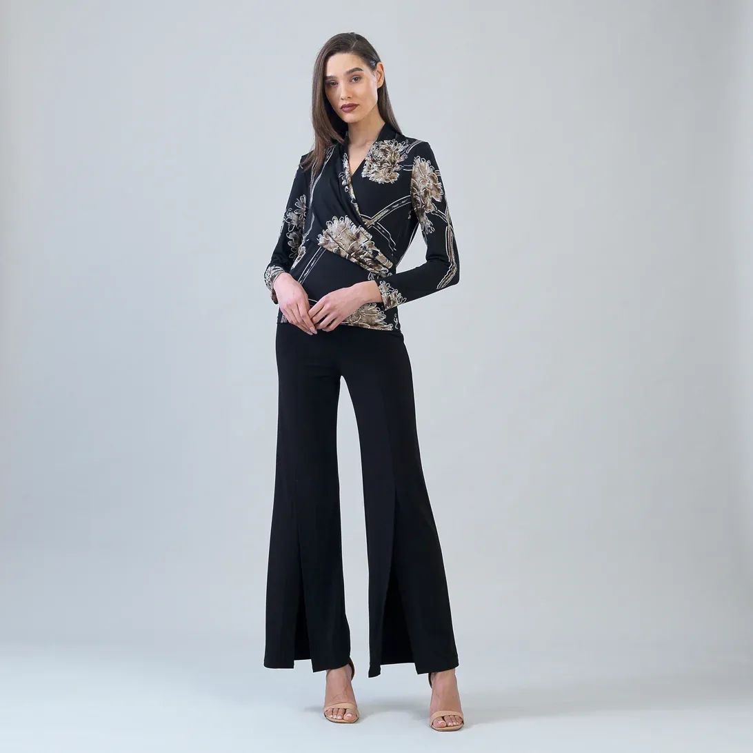 Top - Textured Drape V-Neck - Black/Taupe - Large
