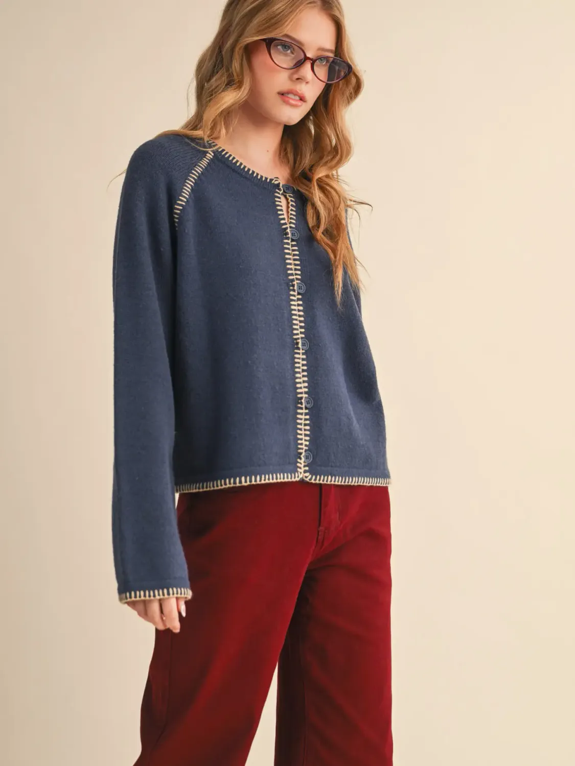 Sweater - Contrast Blanket Navy &amp; Taupe - Large
