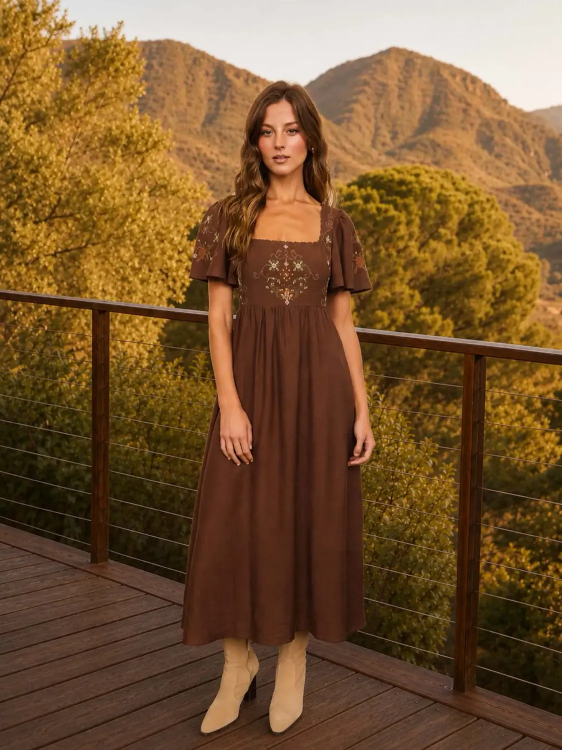 Dress - Mocha Plaid Puff Sleeve - Small