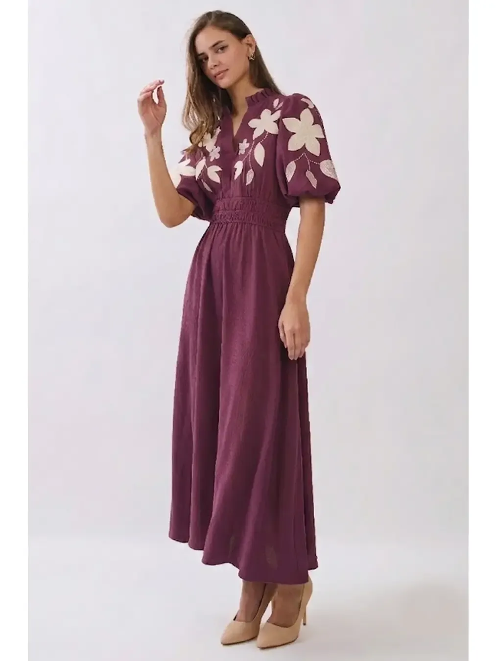 Dress - Embroidered - Deep Mauve - Medium