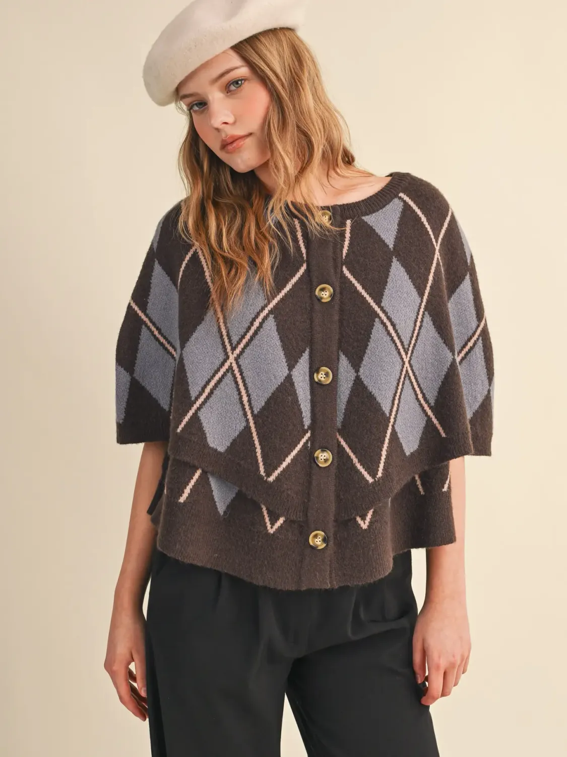 Sweater - Argyle Button Down Cape - Brown/Lavender - Small