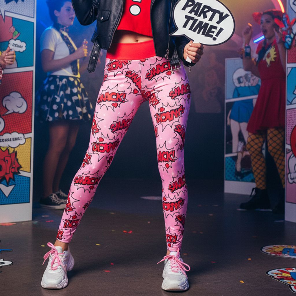Pink comic print high-waist leggings