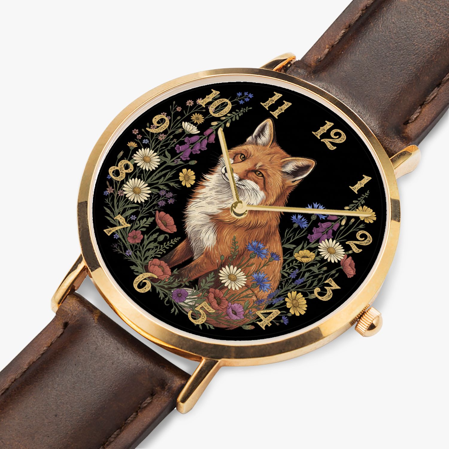 Floral fox motif leather wristwatch rose gold