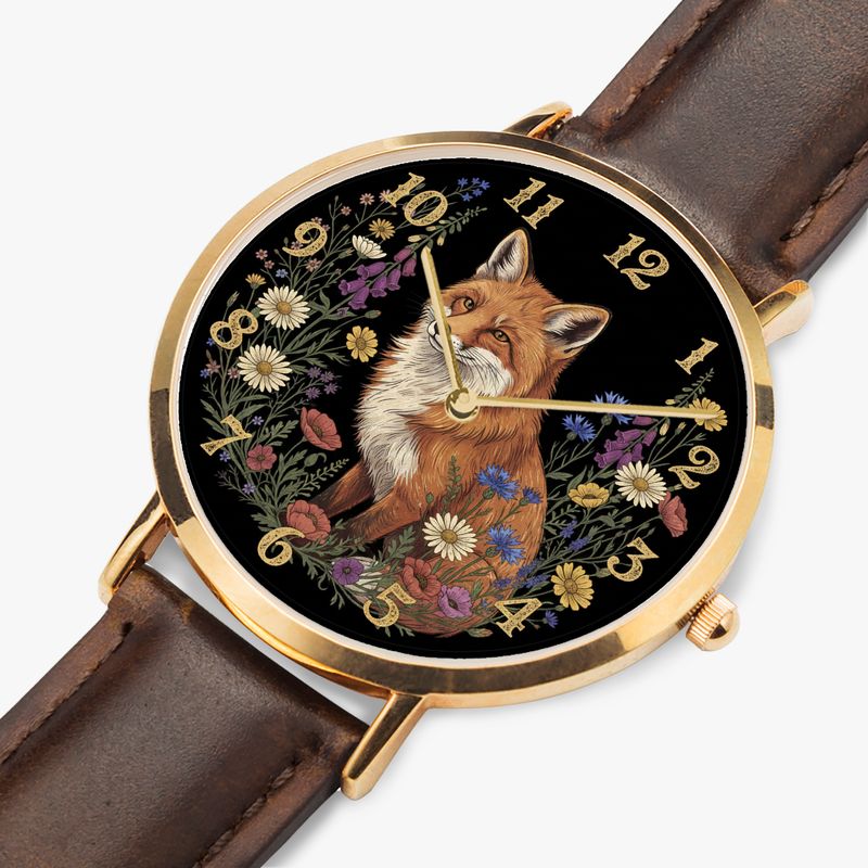 Floral fox motif leather wristwatch rose gold
