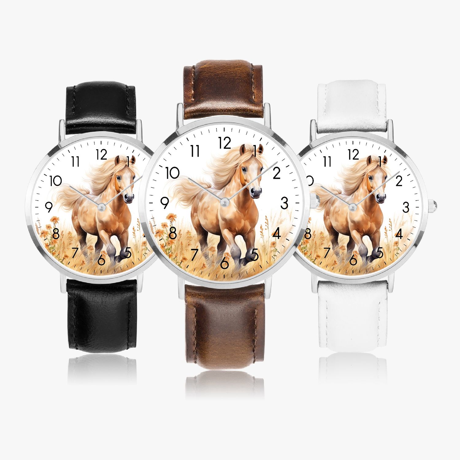 Horse motif leather wristwatch, silver