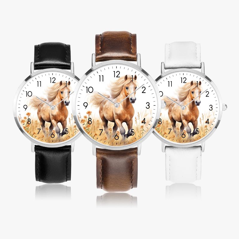 Horse motif leather wristwatch, silver