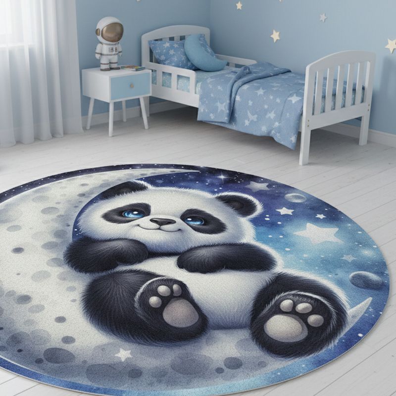 Round rug with panda bear and moon motif
