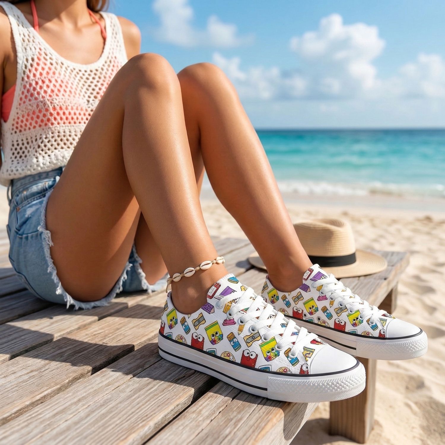 Colorful school sneakers, canvas with stationery print