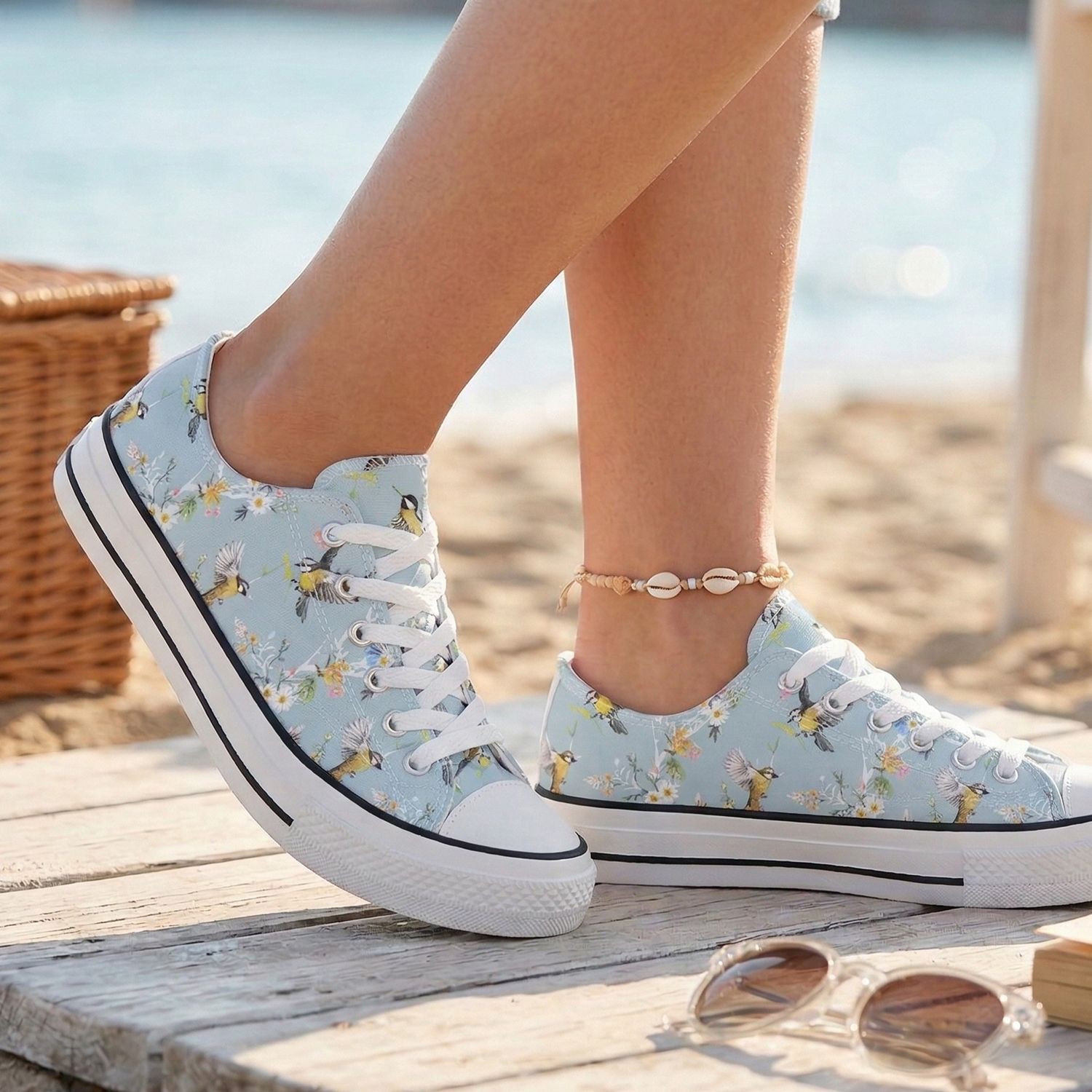 Bird &amp; Bloom Canvas Sneakers – Light Blue with Nature Print