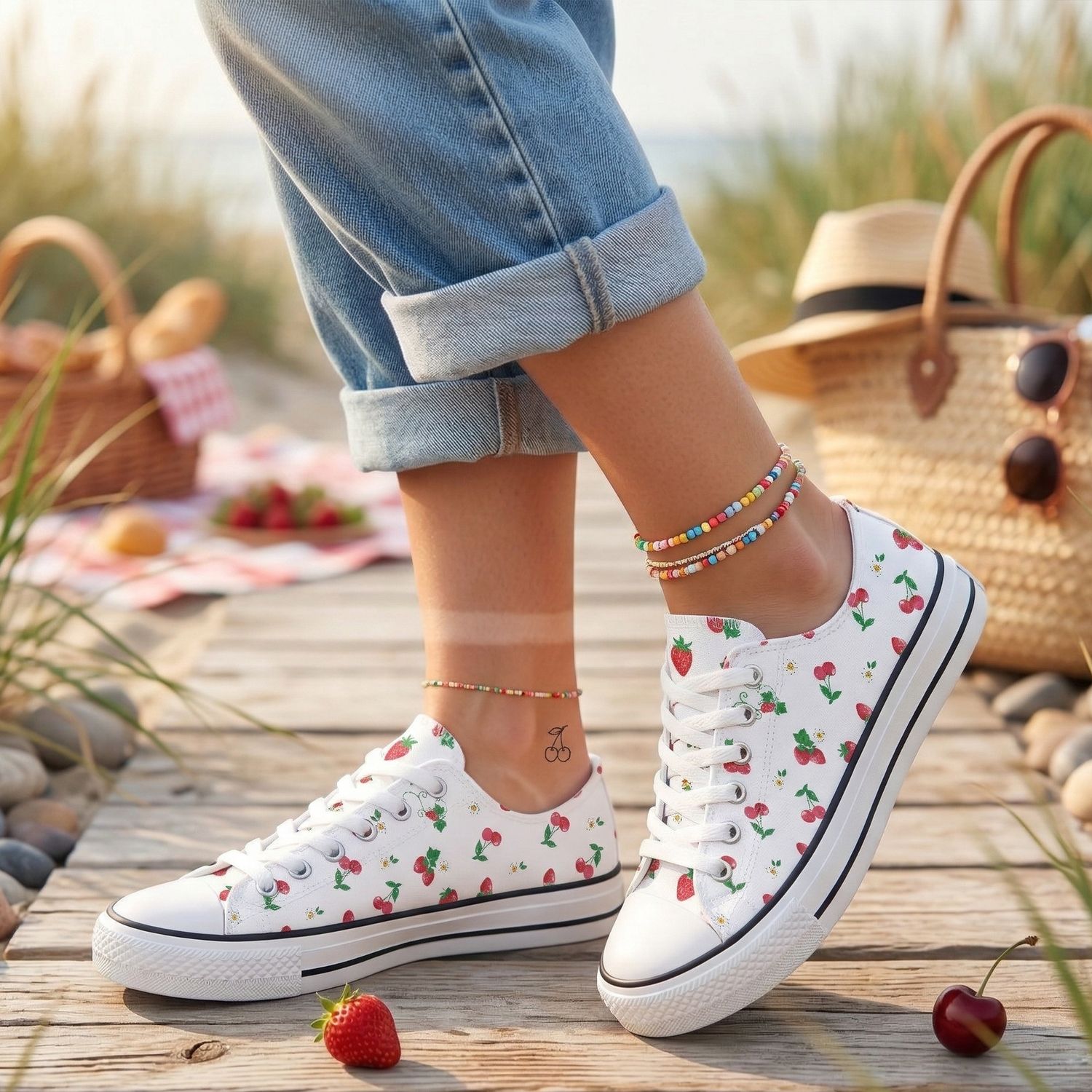 Canvas sneakers with strawberry and cherry print