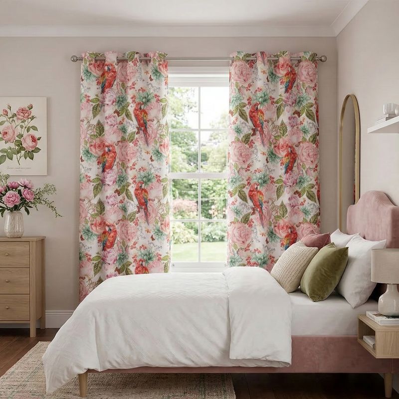 Blackout curtains with parrot and rose print