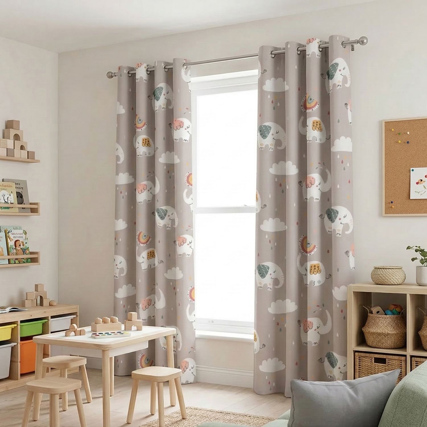 Blackout curtains with elephant motif