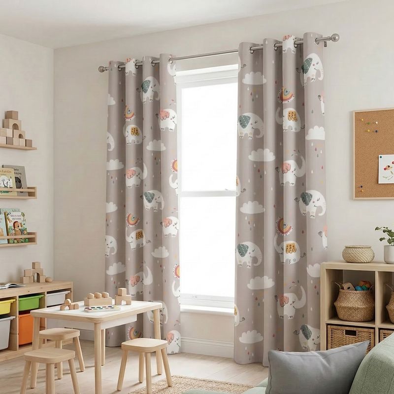Blackout curtains with elephant motif