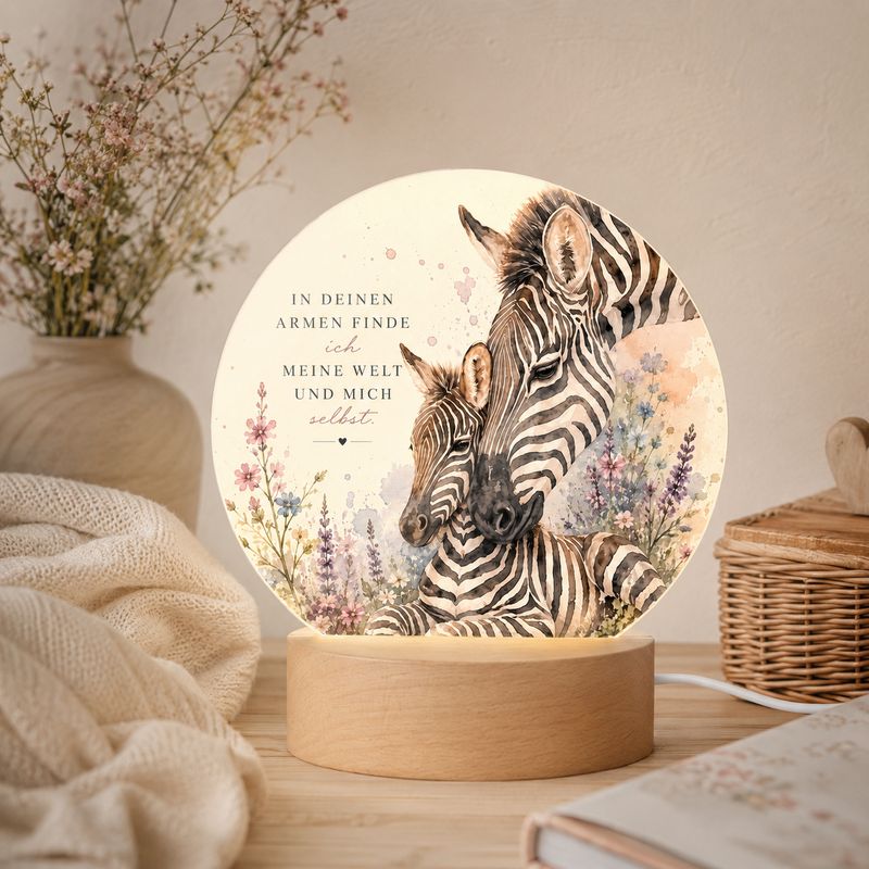 LED Zebra Night Light with Quote – Boho Table Lamp with Acrylic &amp; Wooden Base