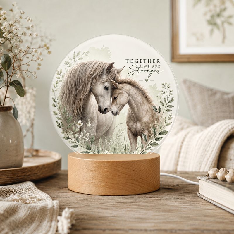 LED Night Light: Horse with Foal – Boho Table Lamp with Acrylic and Wooden Base