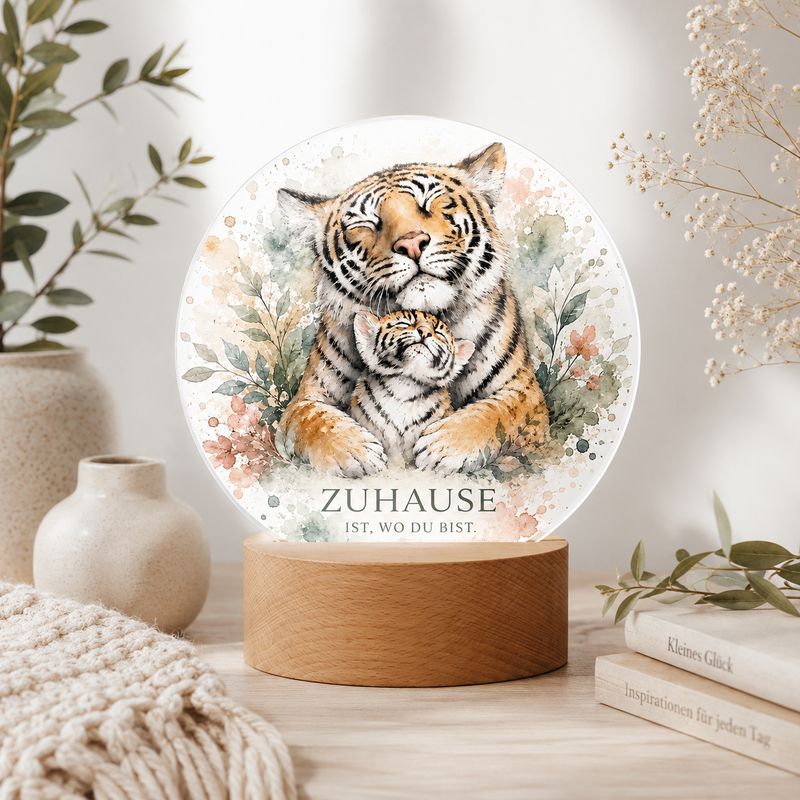 LED Night Light: Tiger with Baby – Boho Table Lamp with Acrylic &amp; Wooden Base