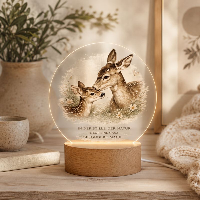 LED Night Light: Doe with Fawn – Boho Table Lamp with Acrylic &amp; Wooden Base