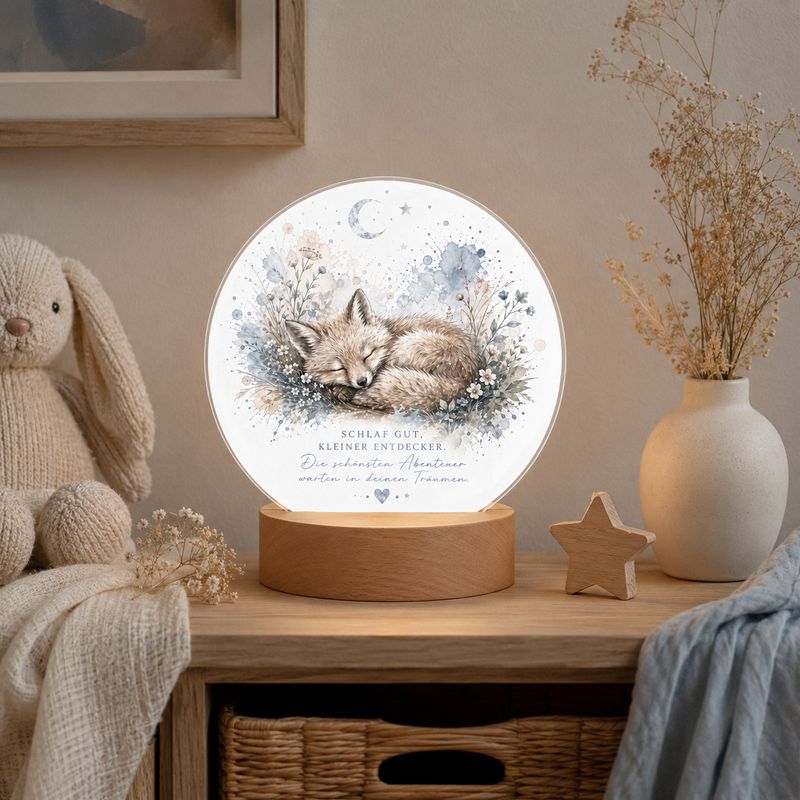 LED Fox Night Light with Saying – Children's Room Lamp with Acrylic &amp; Wooden Base