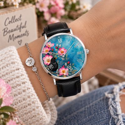 Amsel-Motiv Leder-Armbanduhr Silber