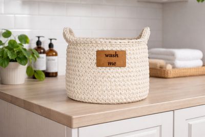 Aufbewahrungskorb HEDI mit Korblabel "wash me", von Hand gehäkelt