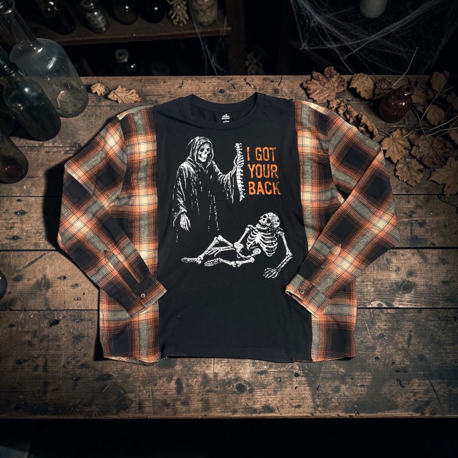 Upcycled Halloween Skeleton Shirt, Oversized Flannel Sleeve Top