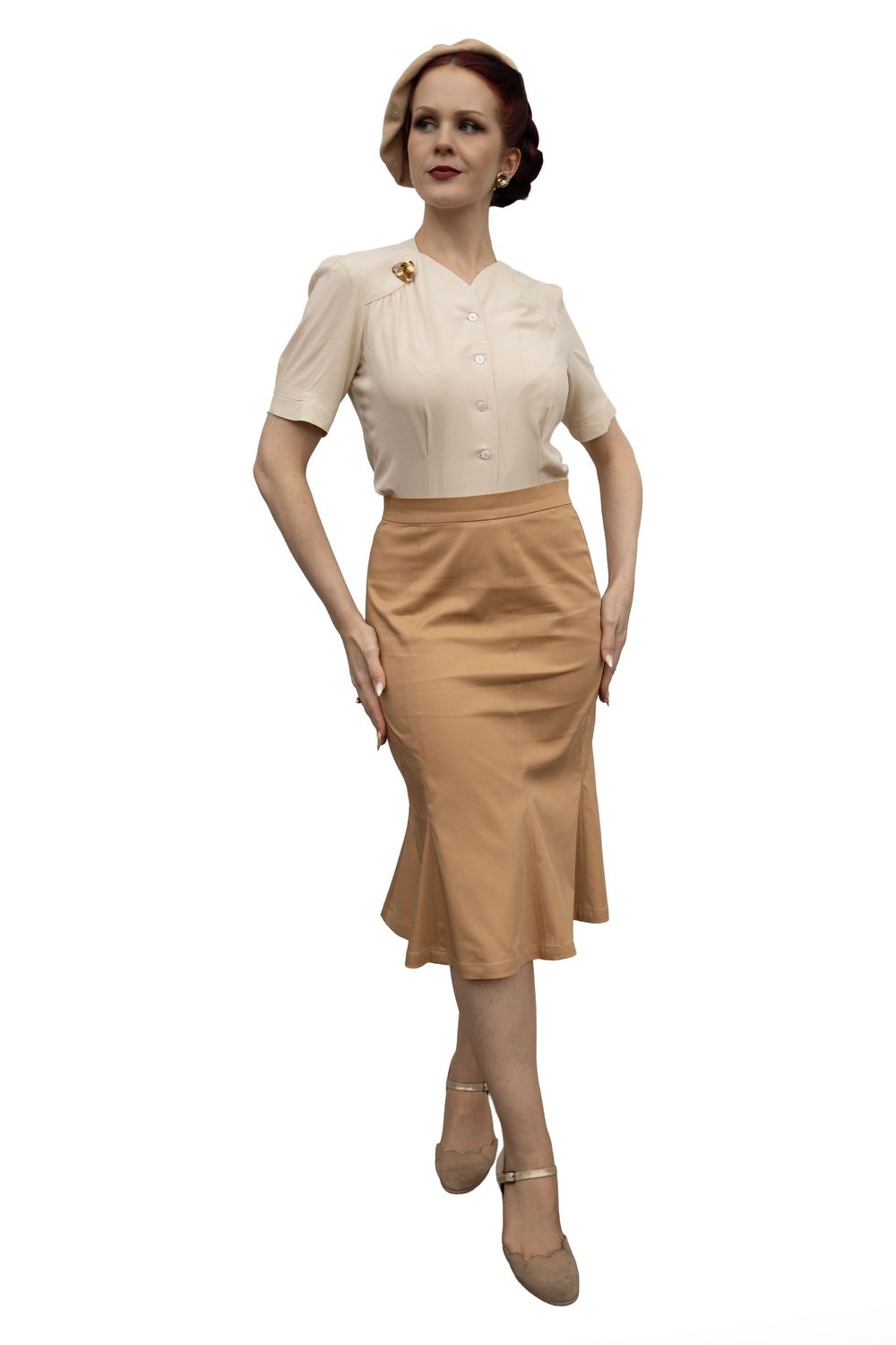 „Rock Josi im Stil der 40er Jahre mit Godets, knielang aus Baumwolle mit Elasthan, handgemacht in Berlin.“