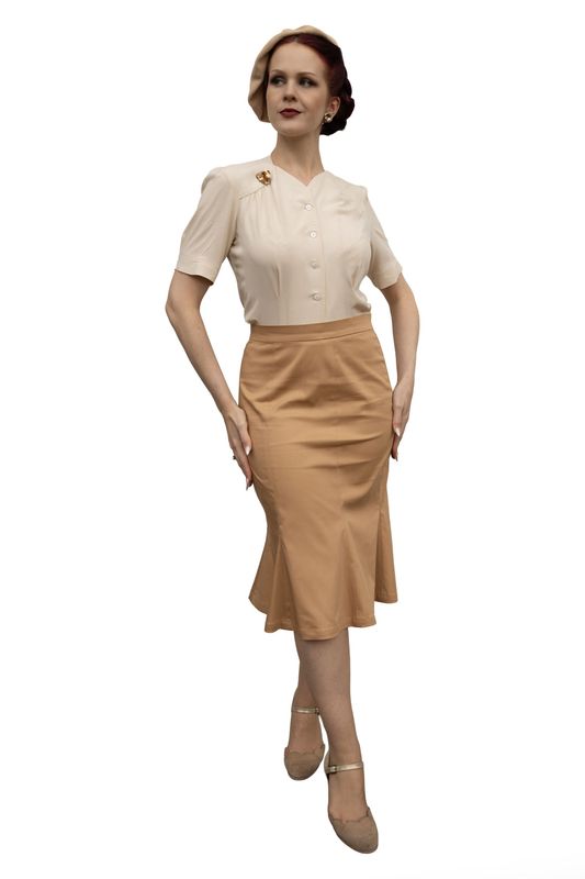 Rock „Josi“ mit Godet – Eleganter, knielanger Vintage Rock, schlanker Schnitt, Baumwolle „Rock Josi im Stil der 40er Jahre mit Godets, knielang aus Baumwolle mit Elasthan, handgemacht in Berlin.“