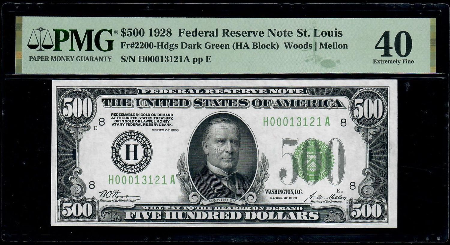 1928 $500 Federal Reserve Note St. Louis Fr. 2200H ** PMG 40 Extremely Fine 1928 $500 Federal Reserve Note St. Louis Fr. 2200H ** PMG 40 Extremely Fine