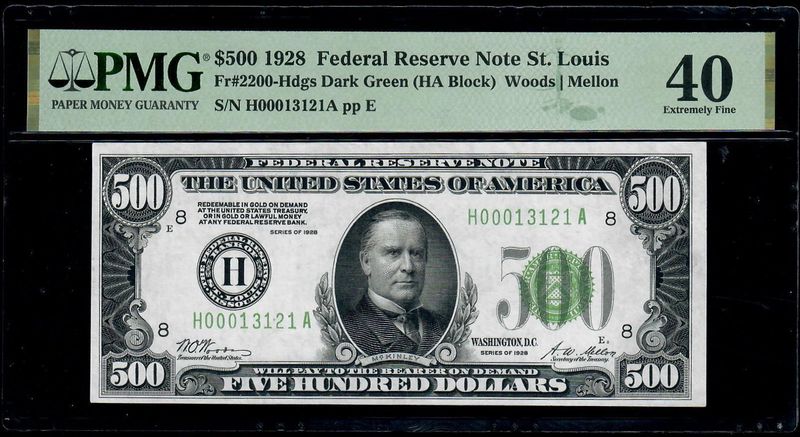 1928 $500 Federal Reserve Note St. Louis Fr. 2200H ** PMG 40 Extremely Fine 1928 $500 Federal Reserve Note St. Louis Fr. 2200H ** PMG 40 Extremely Fine