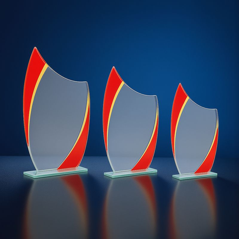 Glastrophäen 3er Serie aus Klarglas mit rot-goldenem Farbelement auf Glassockel