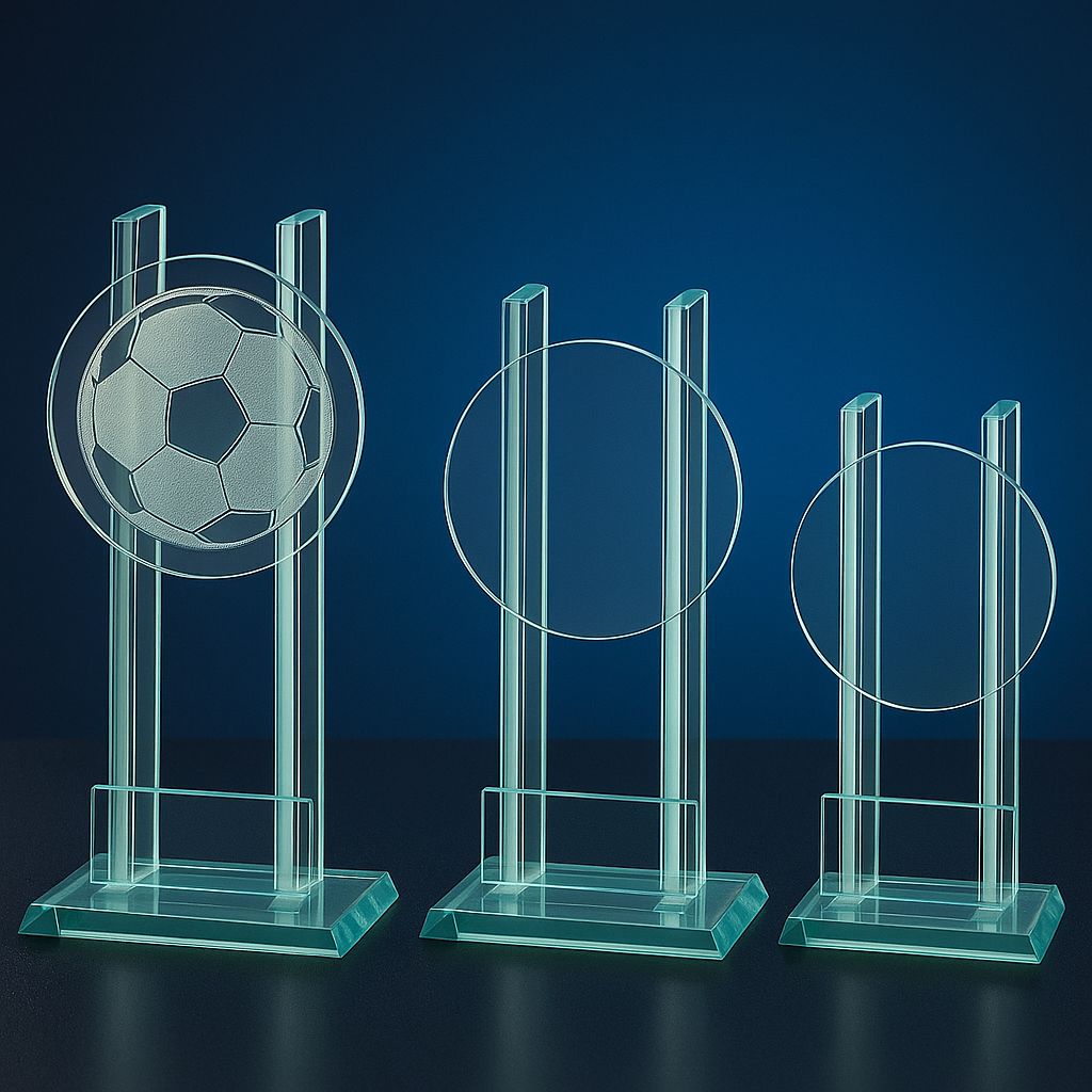 Glastrophäen 3er Serie aus klarem Glas mit runder Mittelplatte und Glasrahmen