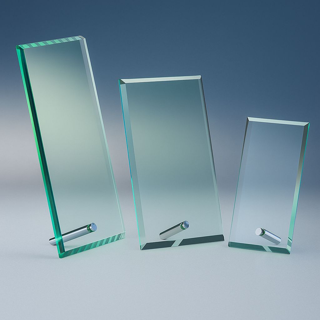 Rechteckige Glastrophäe mit Metallstab als Standfuß in klarer  Ausführung