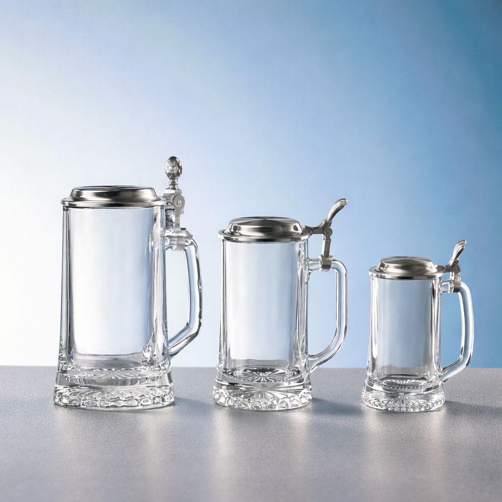 Bierkrug aus Klarglas mit Zinndeckel in drei Größen als klassischer Geschenk- und Ehrenpreis