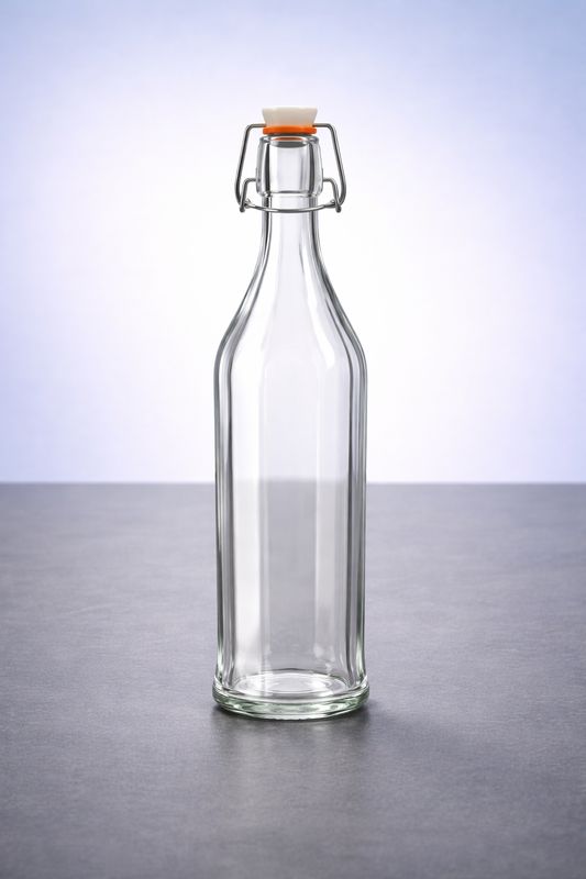 Zehnkantige Glasflaschen mit Bügelverschluss in vier Größen von 0,25 l bis 1,0 l auf hellem Hintergrund.