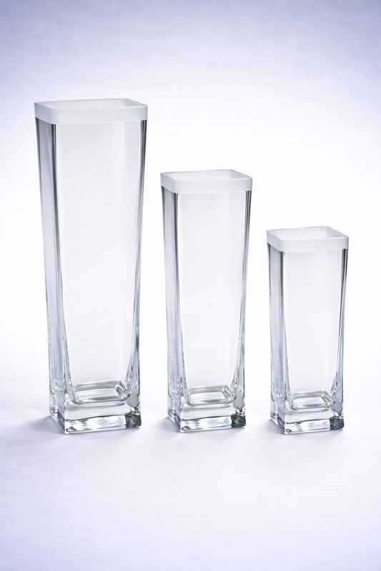 Eckige Glasvasen aus klarem Glas in drei Höhen, gravierbar
