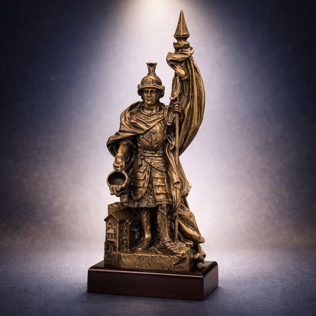 St. Florian Resinfigur in Bronzeoptik auf Holzsockel mit Gravurschild