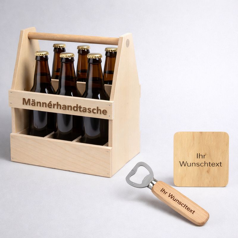 Holz Flaschenträger Männerhandtasche Six Pack mit Flaschenöffner und Untersetzer gravierbar