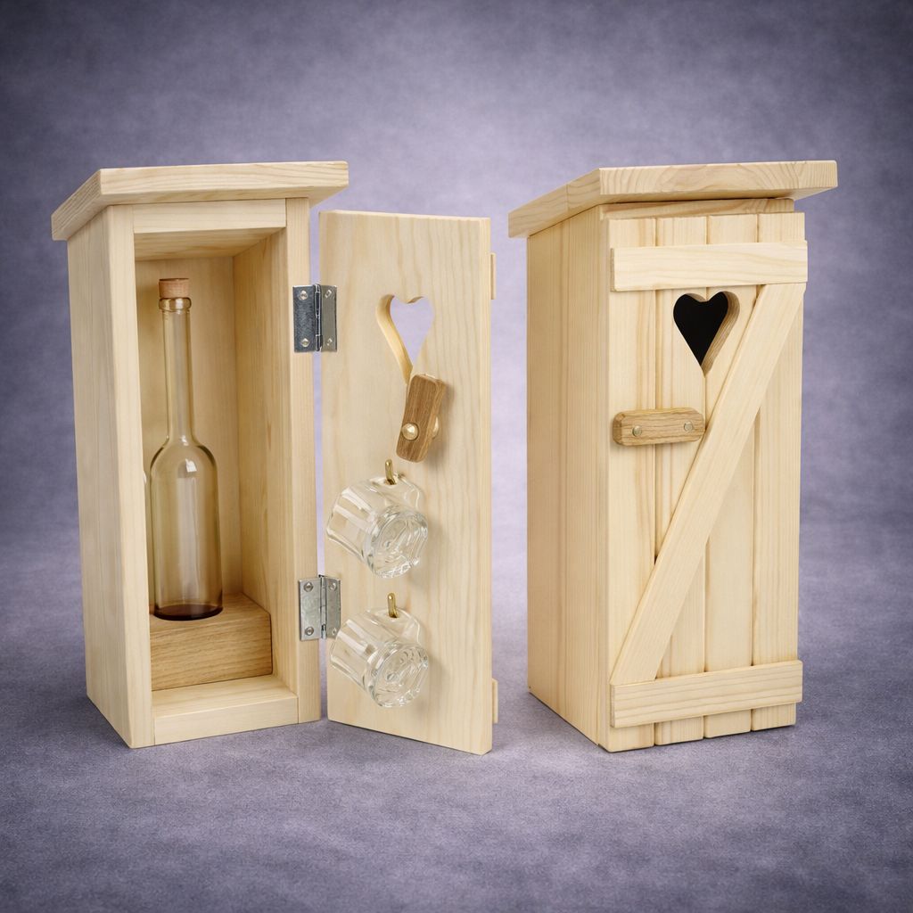 Kleine Holz Schnapsflaschenbox Stilles Örtchen mit 2 Stamperl