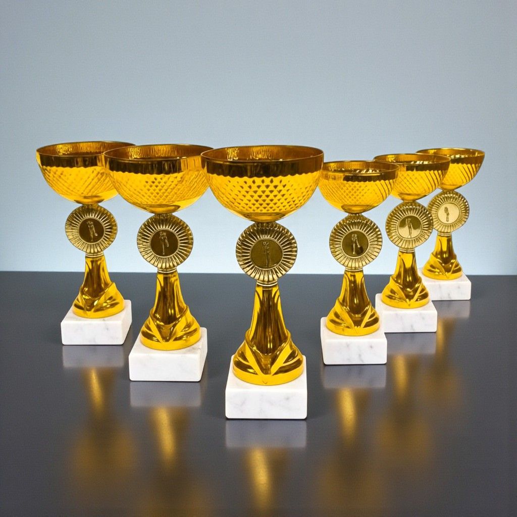 Goldfarbene Pokalserie Six-Seven mit strukturierter Schale und Marmorsockel in mehreren Größen