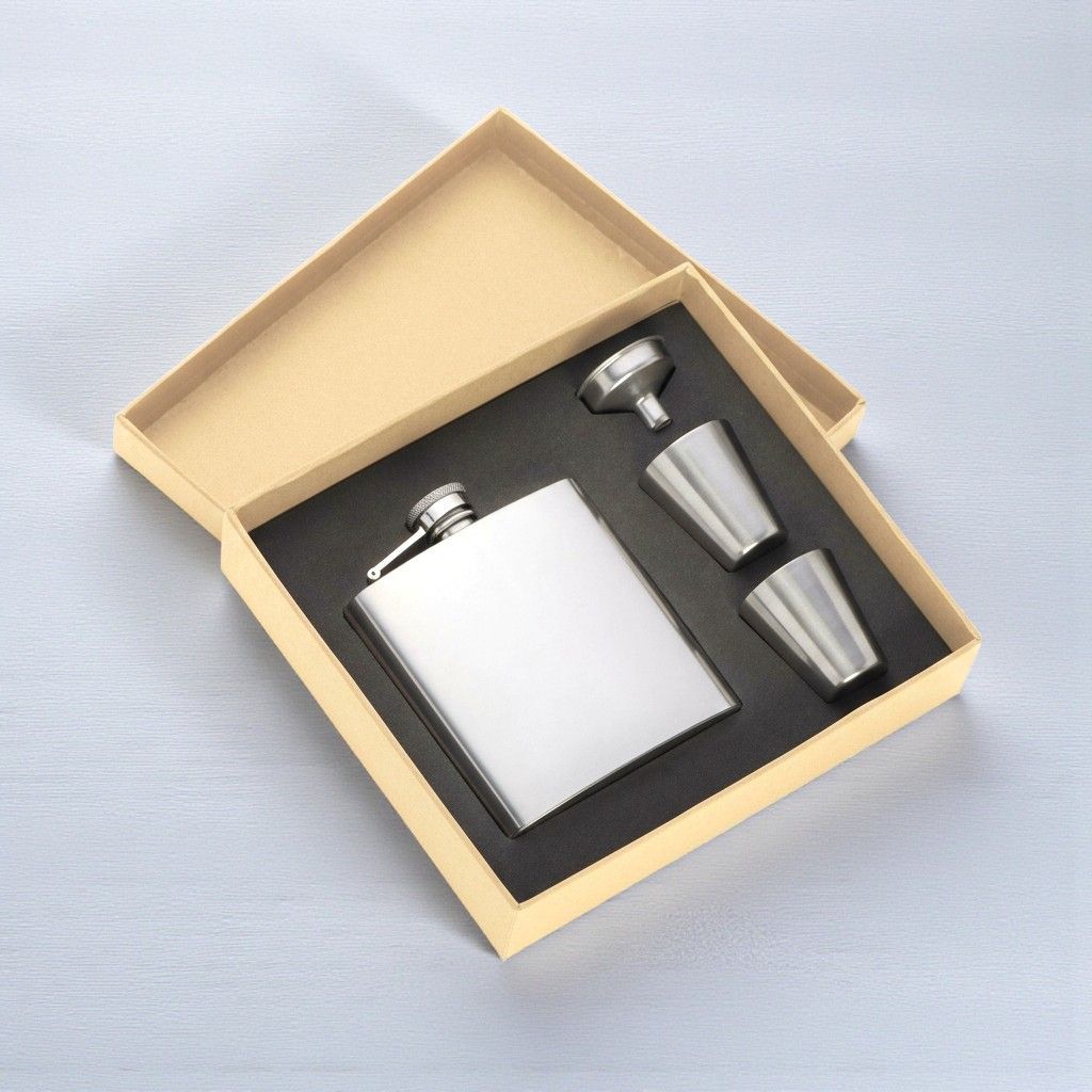 Edelstahl Flachmann Set mit 2 Bechern und Trichter in Geschenkbox