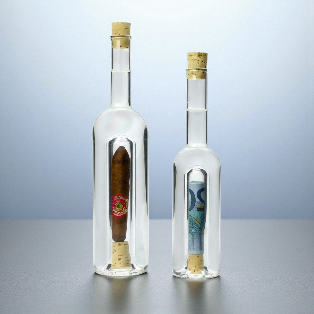 Gutschein/Geschenkflasche aus Glas, ab € 23,00 Glas Gutscheinflasche mit Innenfach für Geld oder Gutscheine