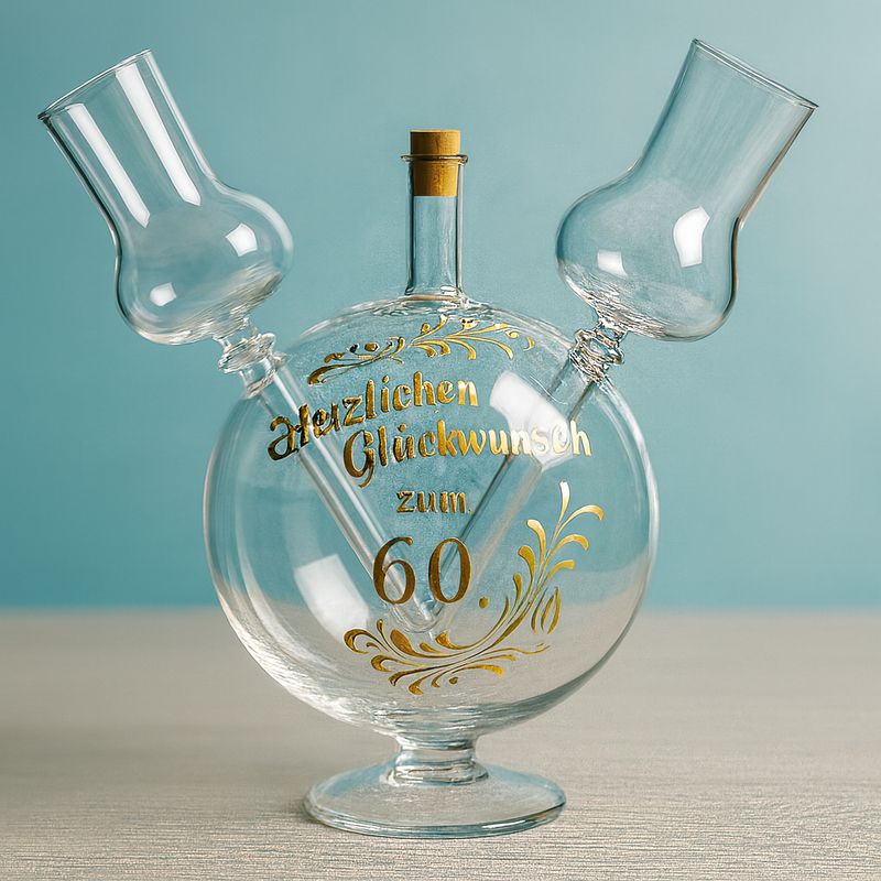 Glaskugel Flasche mit zwei Grappagläsern und Wunschbemalung