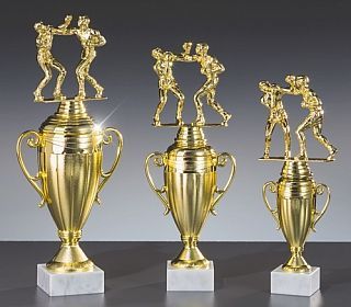 Boxpokal mit Boxerfigur gold auf Marmorsockel in drei Größen