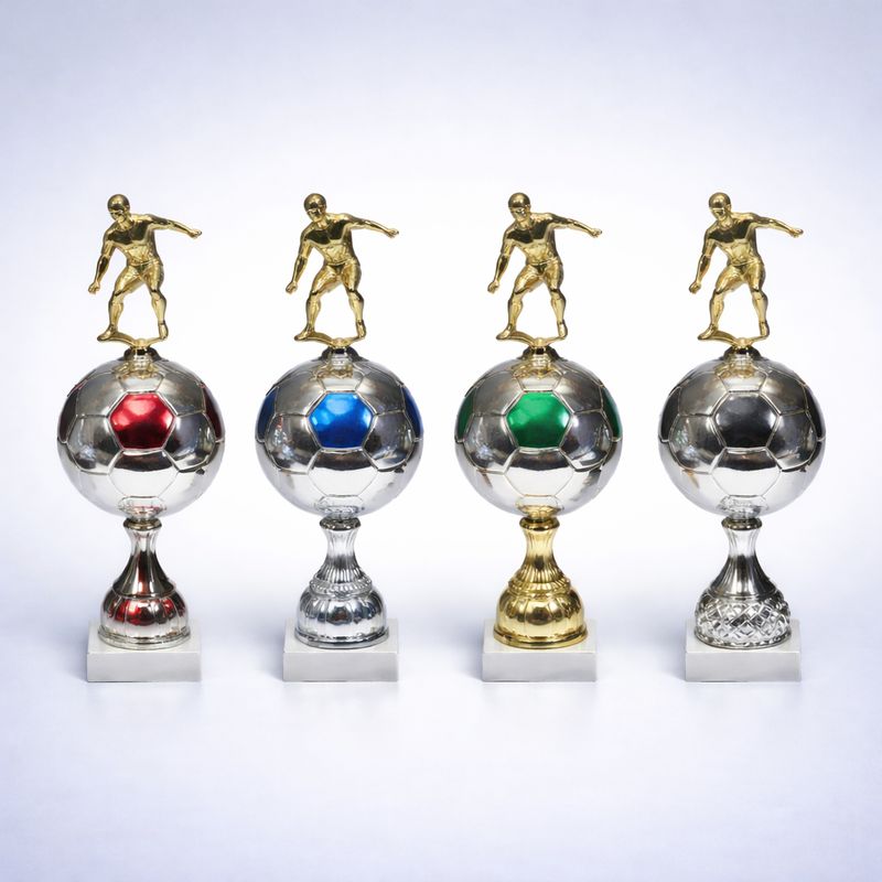 Fußball Pokaltrophäe mit Metallball und Spielerfigur