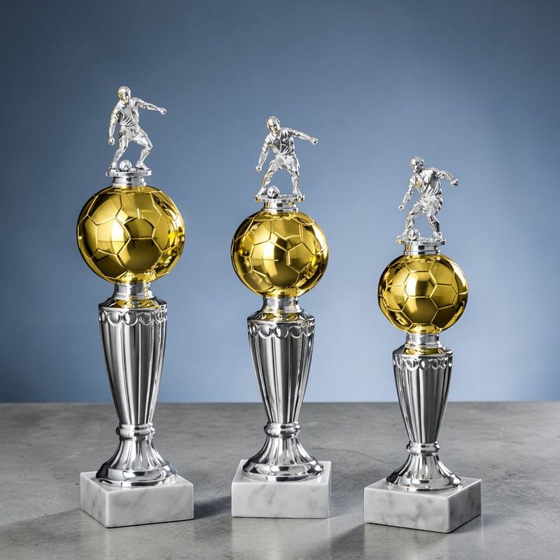 Fußballpokal mit Spielerfigur auf Ball und Marmorsockel