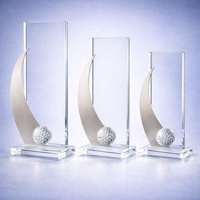 Golfaward Silver Birdie Glastrophäe mit Metalldekor und Golflinse