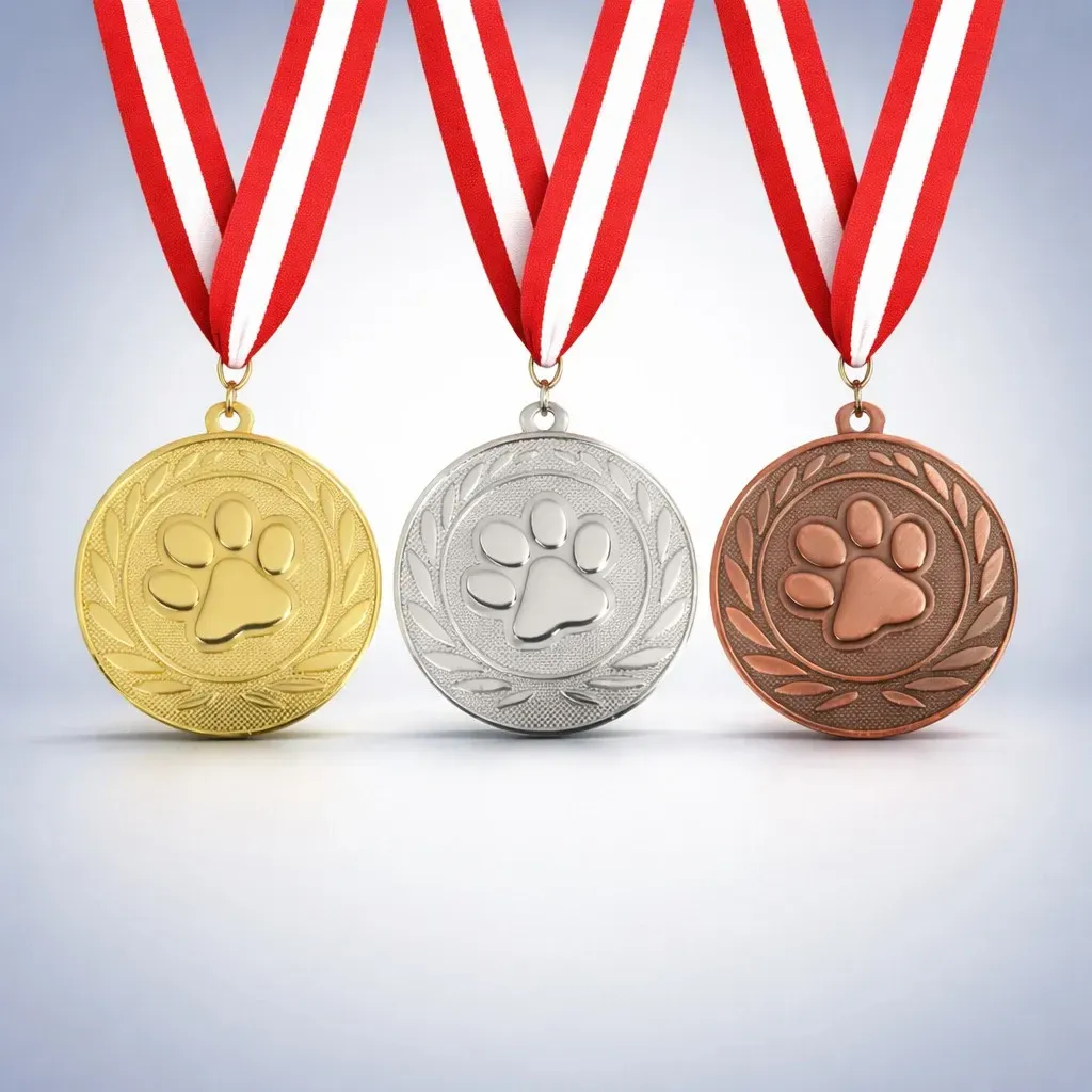 Hundesport geprägte Medaille Ø 5,0 cm, ab € 2,50 geprägte Hundesportmedaillen, mit Pfotenabdruck, Gold, Silber, Bronze