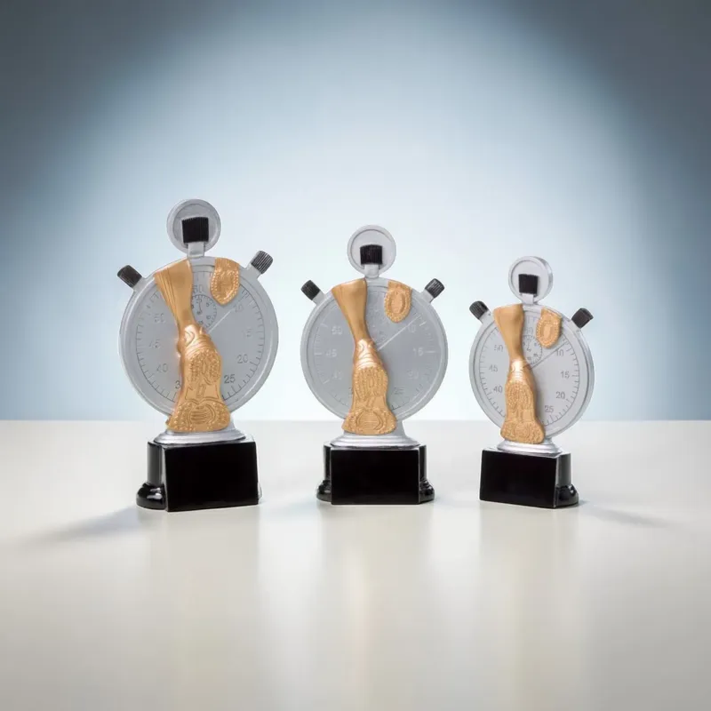 Resintrophäe Speed Trophy mit Stoppuhr Motiv auf schwarzem Sockel