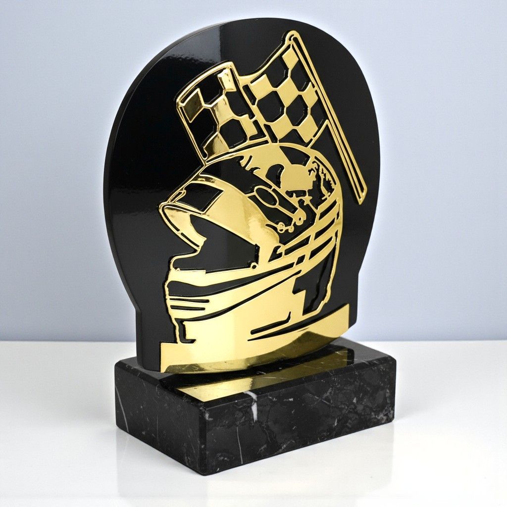 Motorsport Trophäe Zielflagge auf Marmorsockel 17 cm Goldoptik